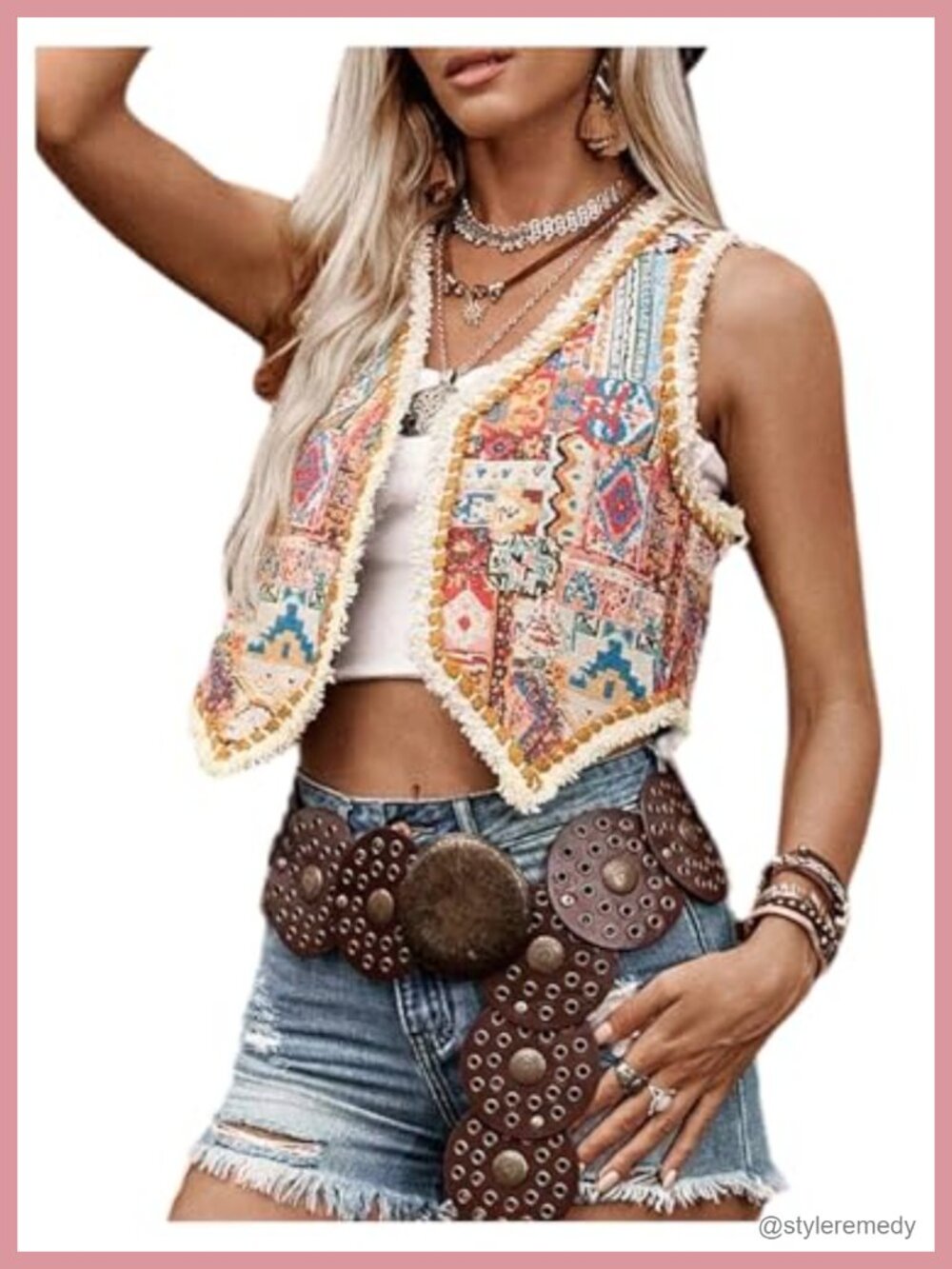 Boho Western Vest Open Front Sleeveless Crop Fringe Embroidered